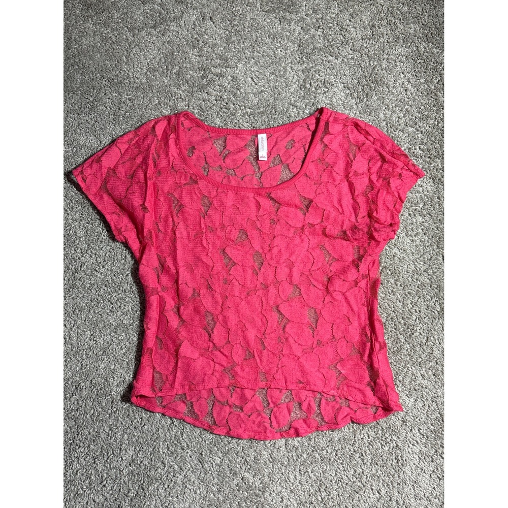 Xhilaration Pink Sheer Floral Lace Top Short Sleeve Scoop Neck High Low Size L